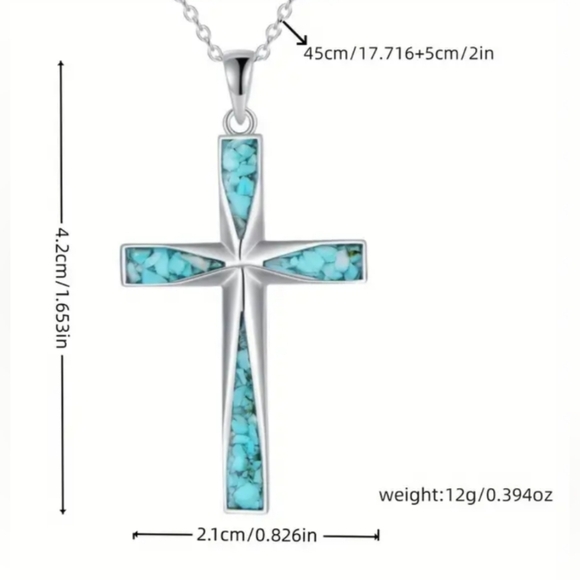 2/$40 NEW Turquoise Rock Western Boho Silver Cross Pendant Necklace-(#0164) - Picture 3 of 4